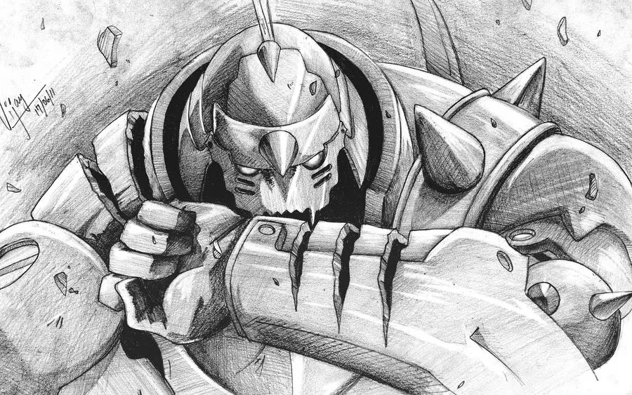 Pencil drawing of Alphonse Elric's armour from Fullmetal Alchemist, in fine mechanical detail.