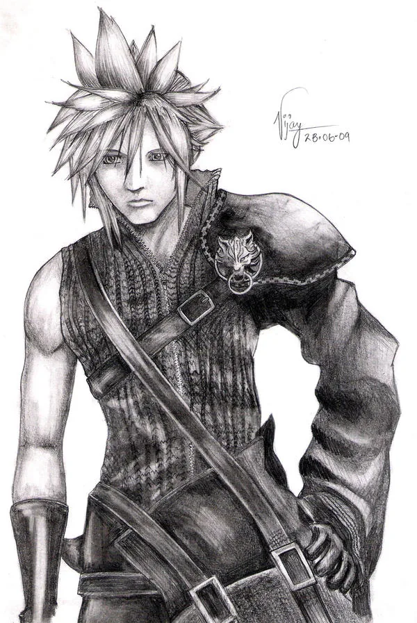 Pencil drawing of Cloud Strife from Final Fantasy VII: Advent Children.
