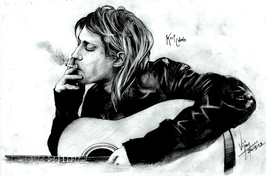 Pencil drawing of Kurt Cobain with an acoustic guitar and a cigarette.