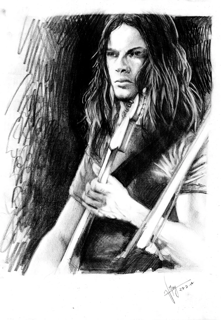 Pencil portrait of David Gilmour playing guitar, his hair falling across his face.