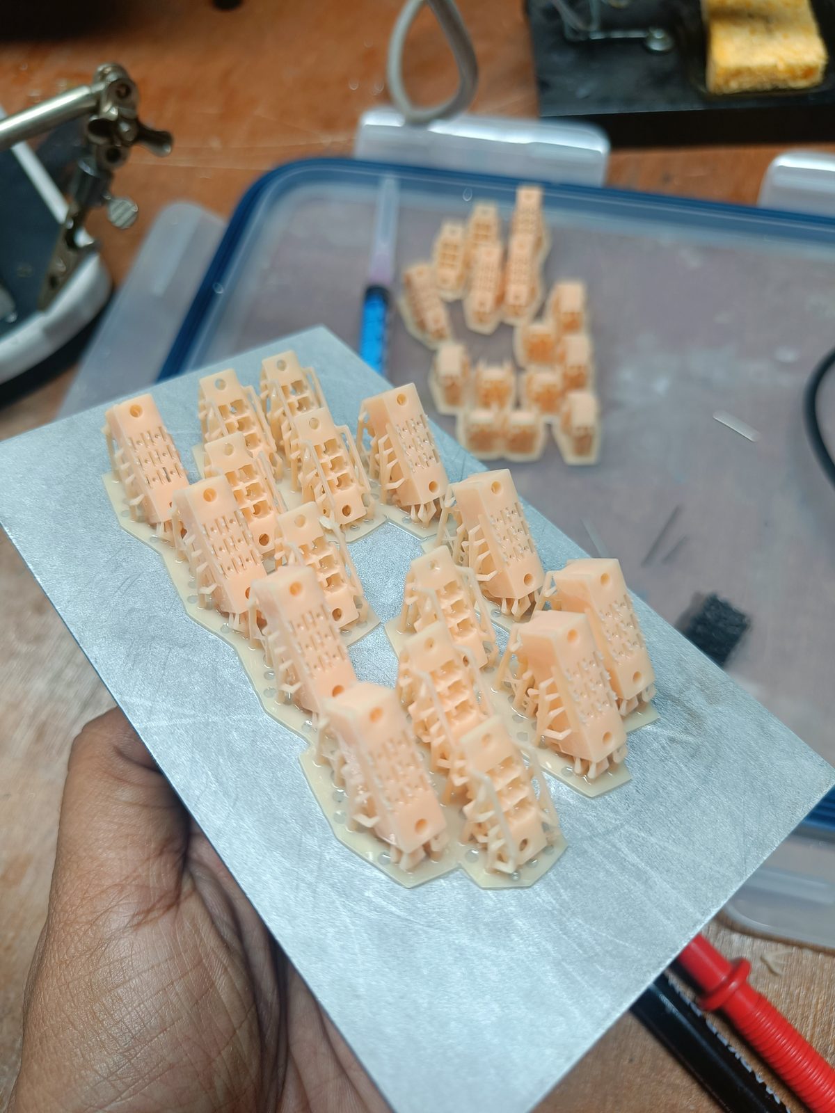 A hand holding an SLA build plate covered in freshly printed resin Braille cell housings, still on their supports.
