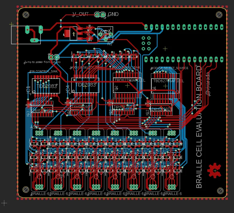 The PCB artwork for the Braille cell evaluation board, red and blue traces on black, seven cells across the bottom edge.