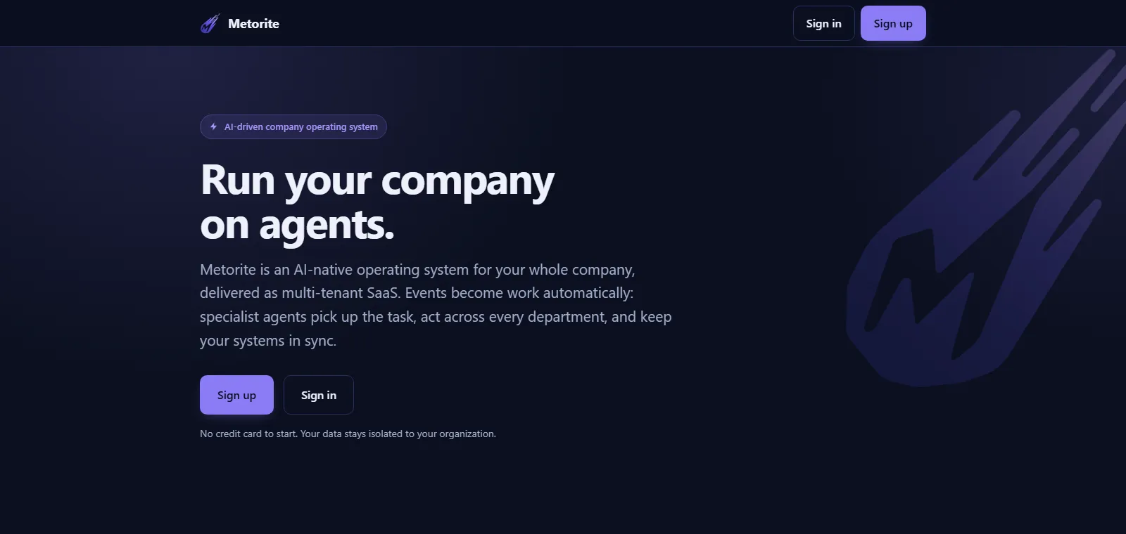 The Metorite product page, headed 'Run your company on agents', with a comet mark across a dark violet ground.