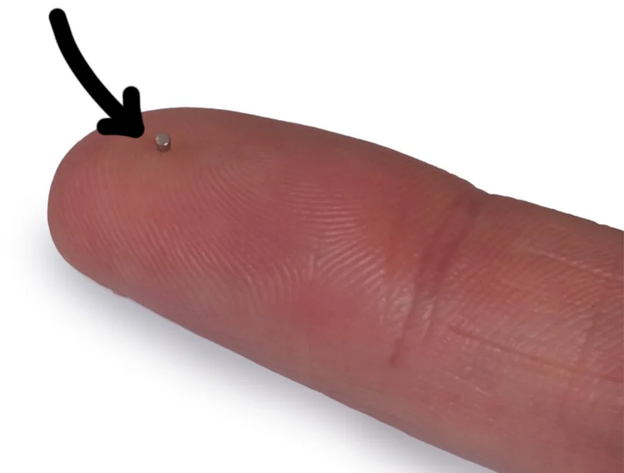 A single micromagnet resting on a fingertip, arrowed, barely larger than a grain of sand.