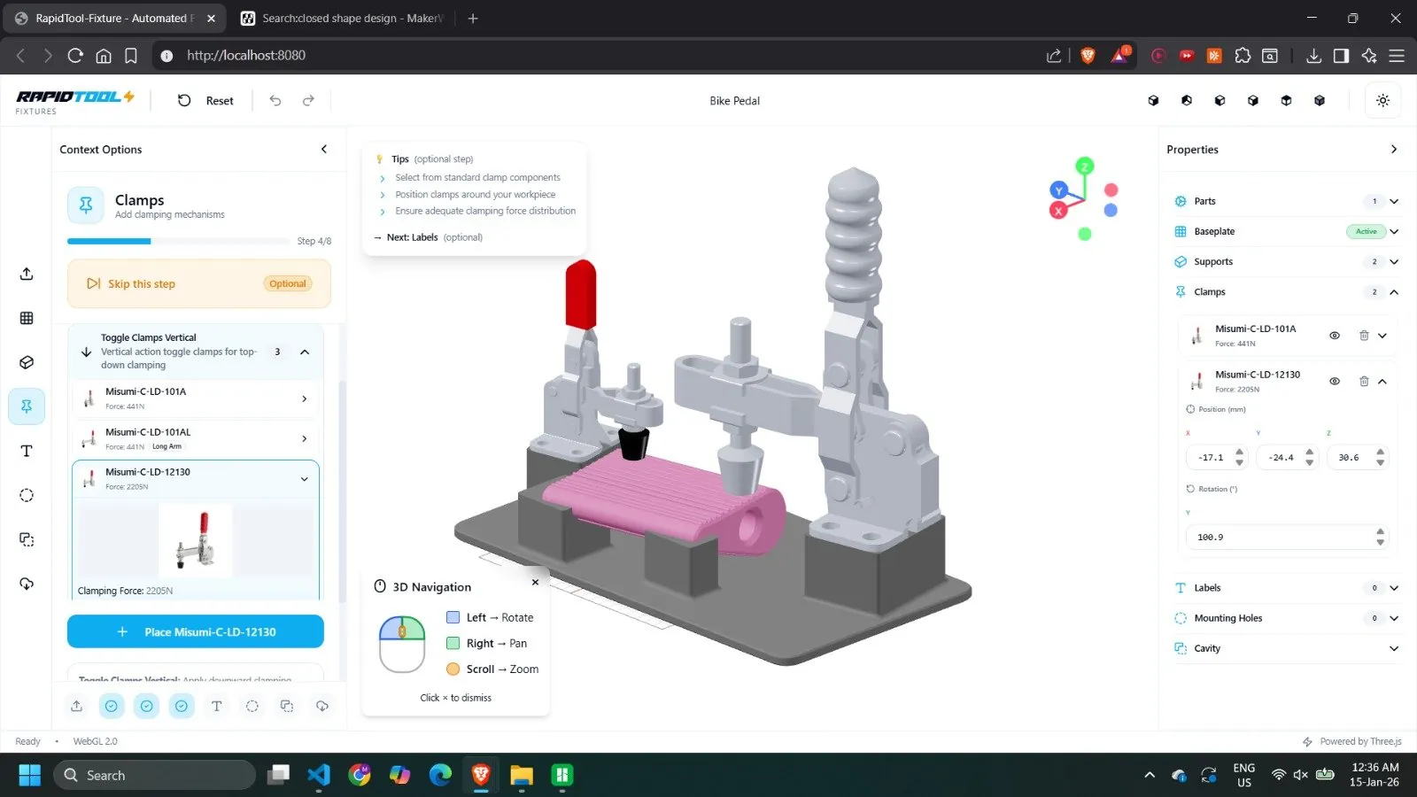 The RapidTool interface, showing a part held in a generated fixture with clamps and rest pads placed automatically.