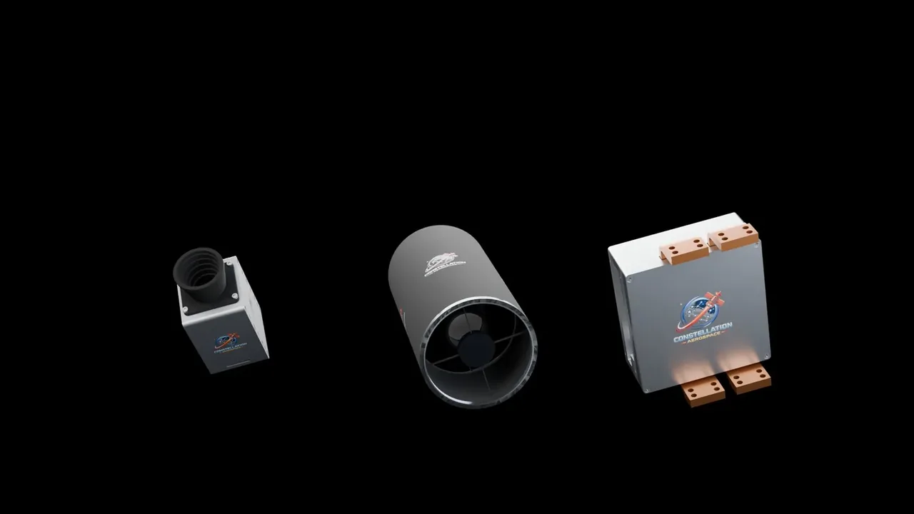 Three Constellation Aerospace payload units on black: a star camera, an imaging optic and an edge compute module.