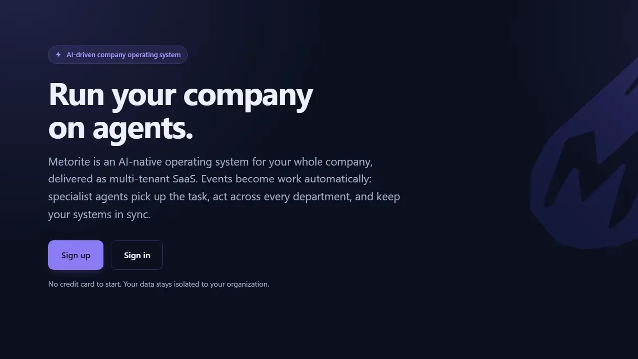 The Metorite product page, headed 'Run your company on agents', with a comet mark on a dark violet ground.