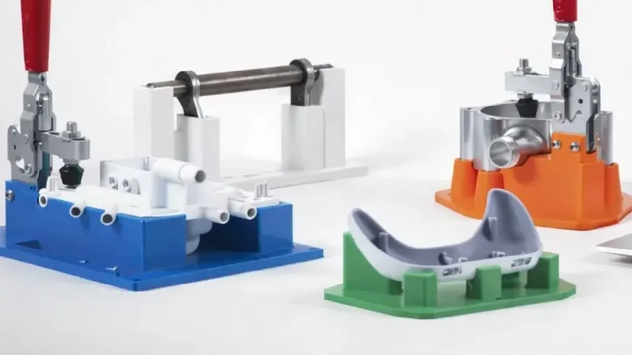Four 3D printed workholding fixtures in blue, white, green and orange, each holding a part under a toggle clamp.